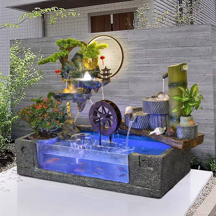 新款鱼缸客厅家用户外庭院阳台养鱼池水循环落地假山招财流水摆件