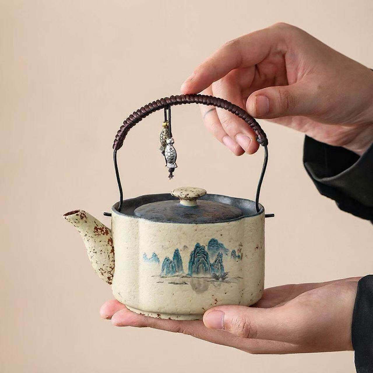 高颜值青花火石红提梁壶茶杯套装家用女士泡茶壶高档陶瓷茶具礼物
