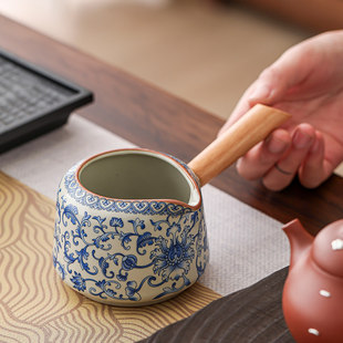 汝窑青花公道杯陶瓷茶具防烫木柄分茶器功夫茶泡茶壶茶杯茶海配件