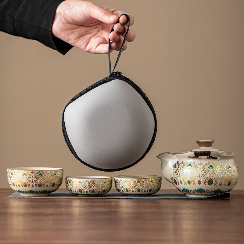 汝窑高端手抓壶盖碗防烫泡茶壶碗茶杯户外便携式旅行茶具一壶三杯