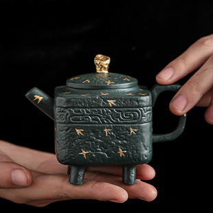 绿泥紫砂茶壶四方鼎力壶点金工艺高档陶瓷泡茶壶单壶家用功夫茶具