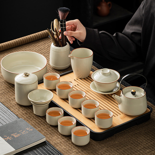 陶瓷茶壶茶杯茶盘套装 米黄汝窑功夫茶具整套家用中式 办公会客喝茶