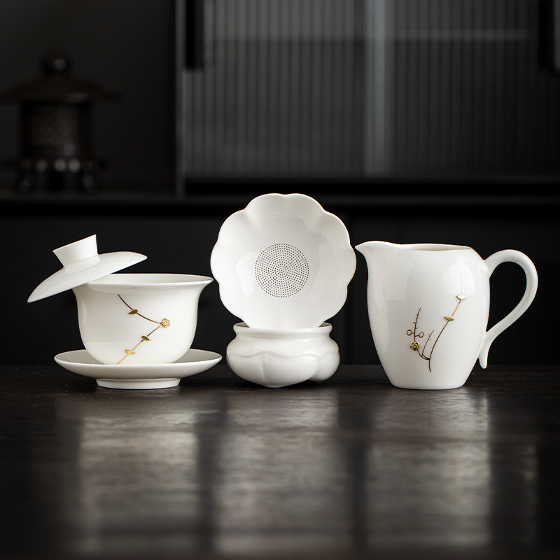 锯钉羊脂玉瓷公道杯三件套陶瓷茶海功夫茶具盖碗匀茶杯分茶器茶漏
