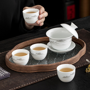 羊脂玉白瓷悬停盖碗茶杯玻璃托盘套组陶瓷简约功夫茶具泡茶碗家用