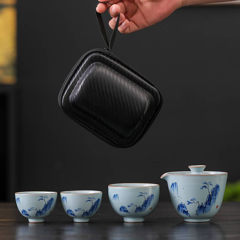 天青汝窑旅行茶具套装一壶三杯户外便携式快客杯泡茶壶茶杯收纳包