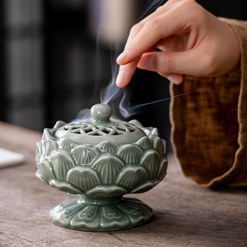 中式高脚莲花炉陶瓷盘香炉家用室内沉香檀香炉香薰炉桌面禅意摆件,餐饮具,茶道/香炉,淘宝优惠券,粉丝福利购,淘宝优惠卷