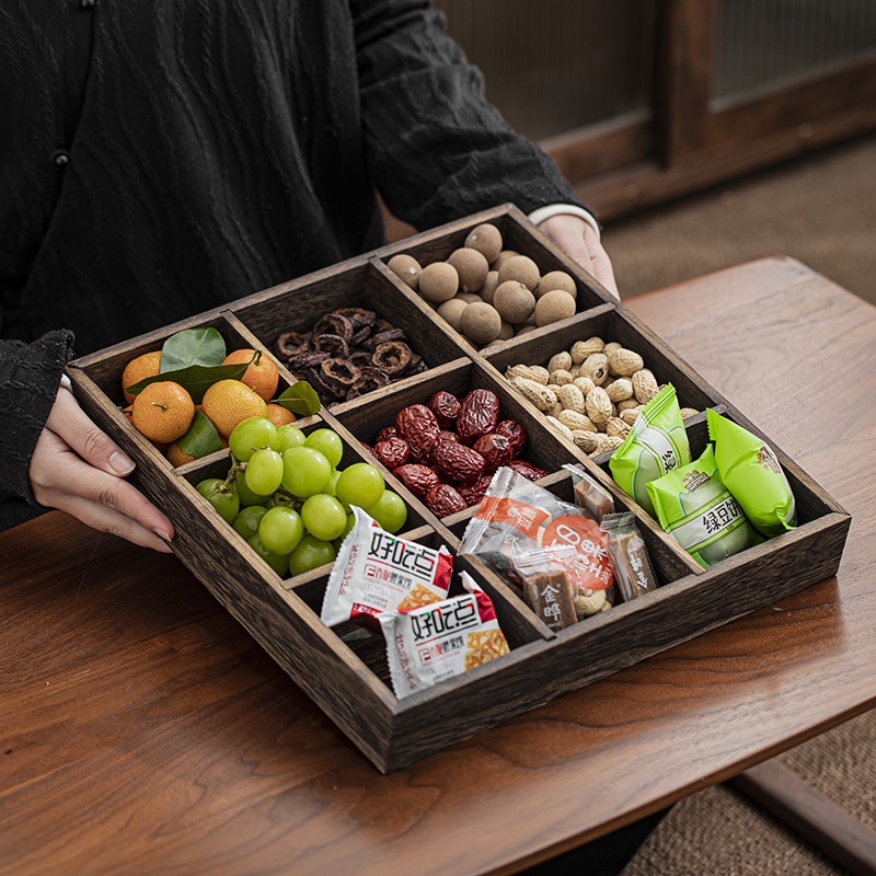 围炉煮茶茶点盘家用中式桐木质零食干果小吃托盘下午点心九宫格盘