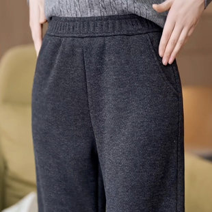 灰色保暖窄版直筒裤女新款毛呢裤子冬加绒加厚女款高腰显瘦阔腿裤