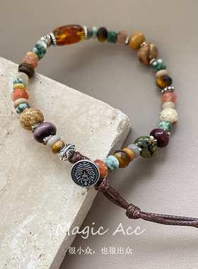 纯银天然石复古小众招财手链