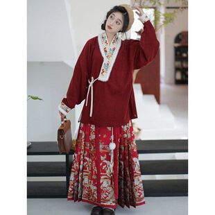 原创汉服女明制重工妆花马面裙绣花交领上衣加绒古风拜年套装冬款