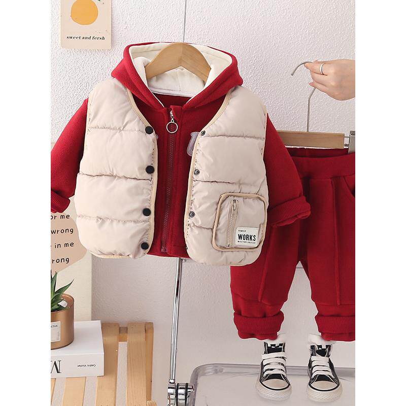 男童冬装套装2025新款儿童加绒加厚马甲三件套男孩冬季卫衣三件套
