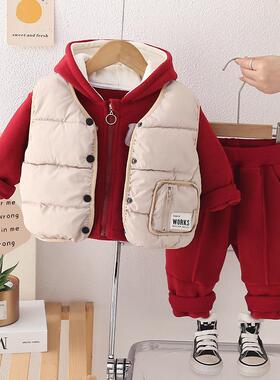 男童冬装套装2025新款儿童加绒加厚马甲三件套男孩冬季卫衣三件套