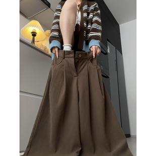 美拉德棕色灯芯绒阔腿裤女款大码秋冬加绒胖mm显瘦休闲慵懒风裤子