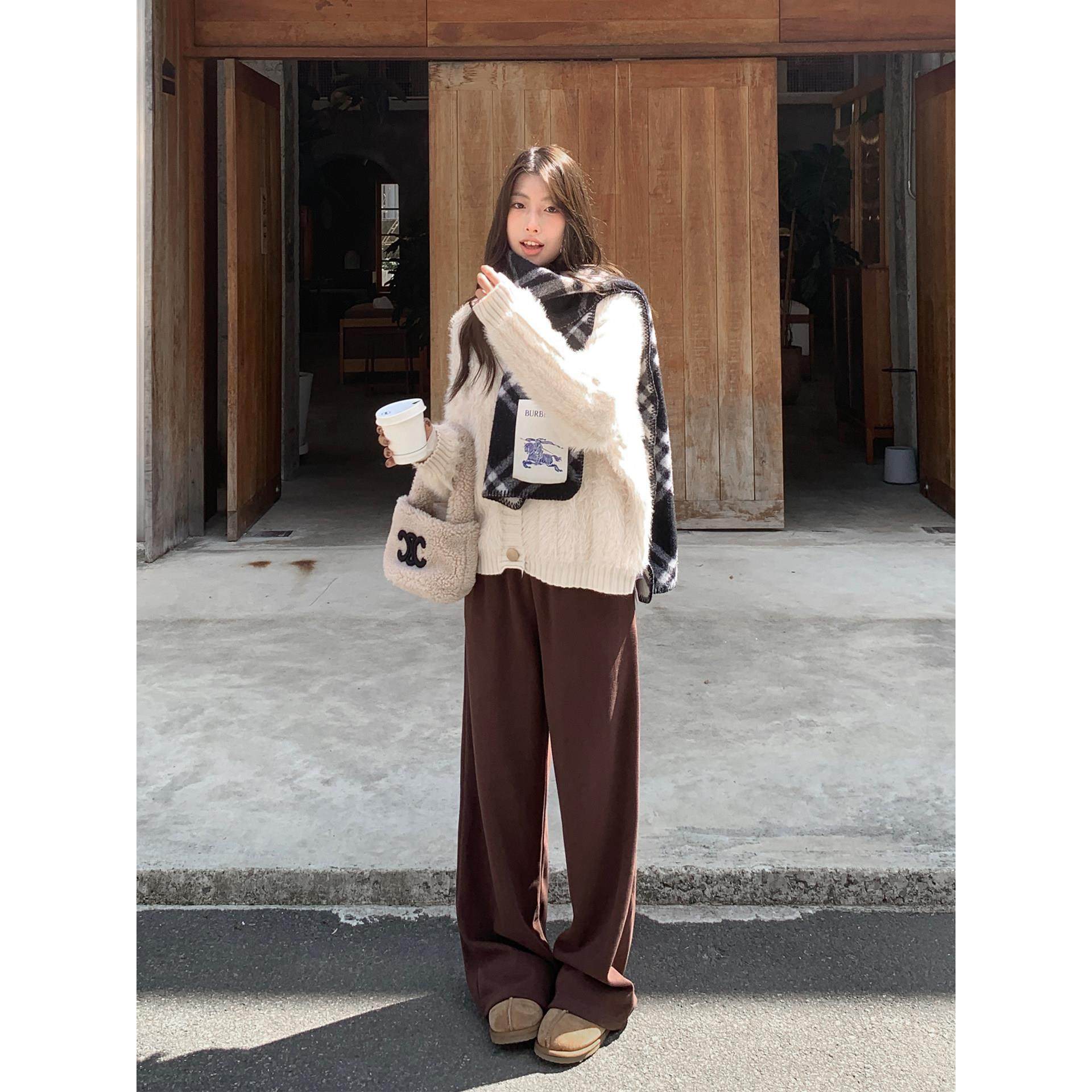 糯米棕色阔腿裤女秋冬加绒加厚美拉德卫裤针织休闲裤垂感加长拖地