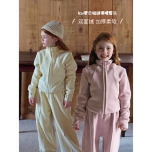 kw家女童套装加绒加厚保暖秋冬摇粒绒休闲拉炼卫衣裤两件套运动服