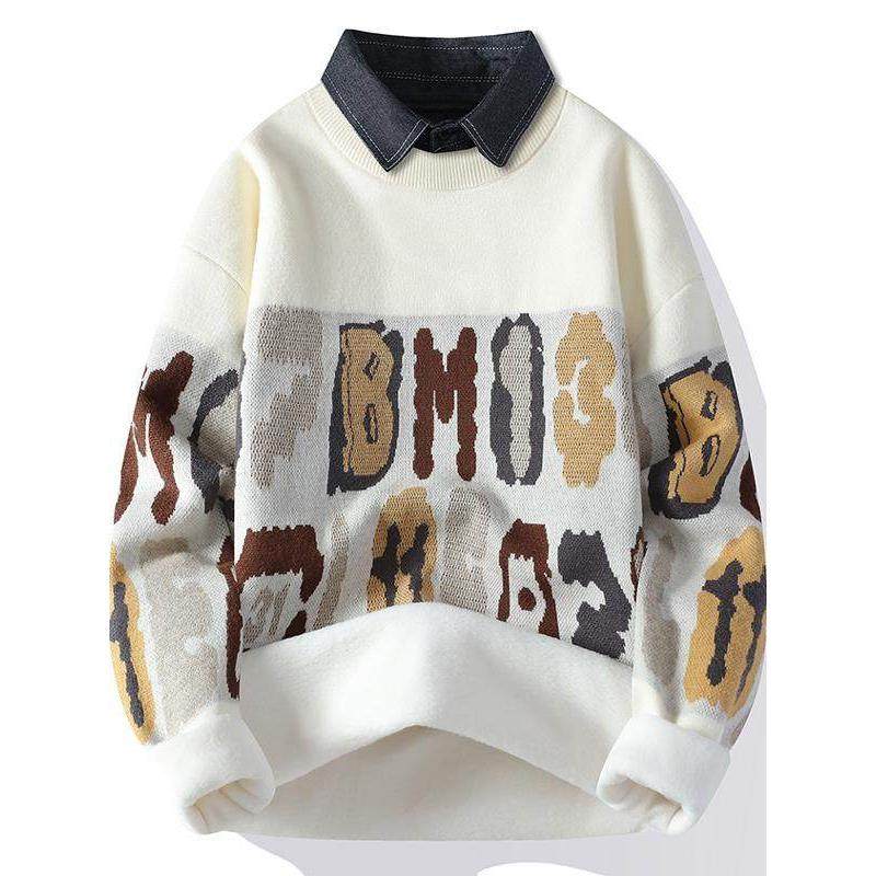 秋冬服装青少年假两件套针织衫男生帅气学生加厚丝绒针织衫大号儿