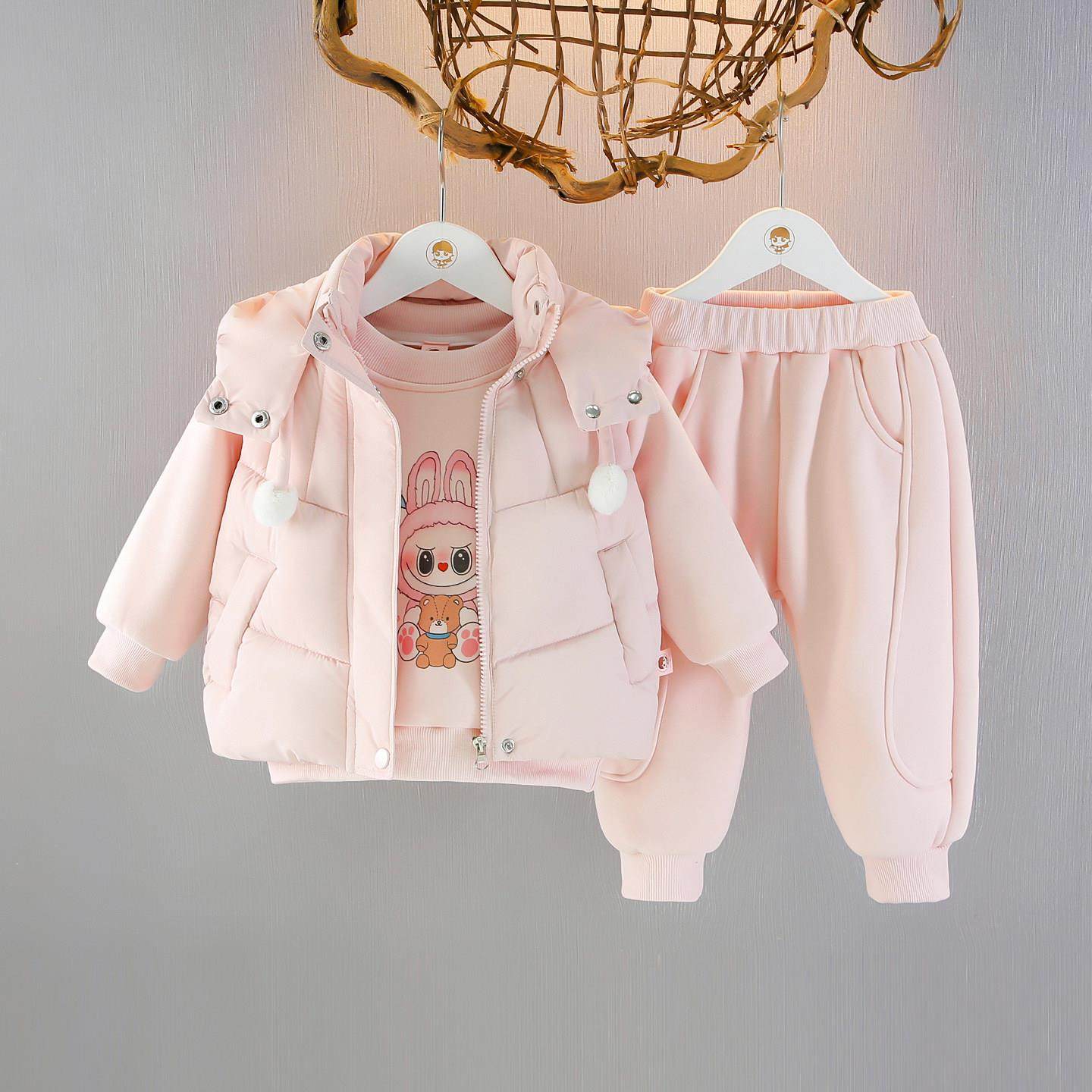婴儿童装女童冬装加绒加厚套装2025新款女宝宝冬季马甲卫衣三件套