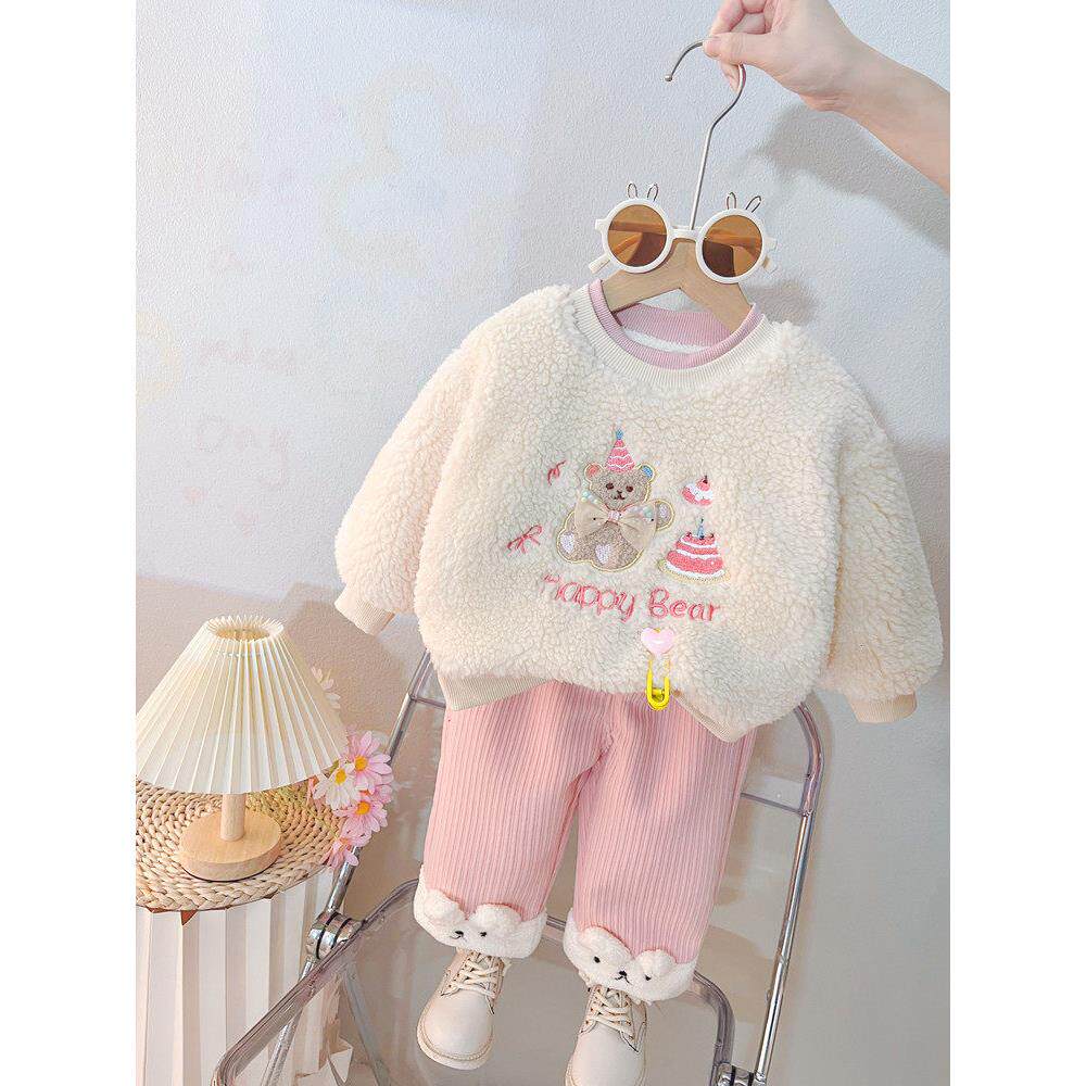 女童加绒套装2025秋冬季新款洋气两件套加厚卫衣小童宝宝卫衣套装