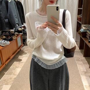 YNVN韩系甜美蕾丝边羊毛针织衫女秋冬设计感小众休闲百搭打底上衣