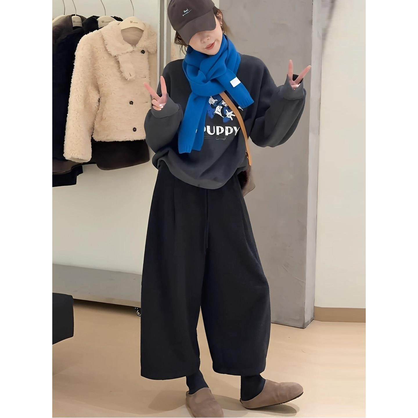 韩系百搭宽松毛呢阔腿裤女秋冬加绒小个子裤子大码八分休闲奶奶裤