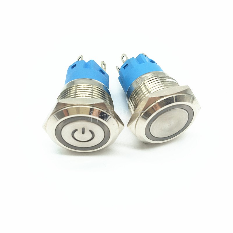 19mm按钮开关金属不锈钢自锁自复位LHED环形电源符号带灯开关按钮