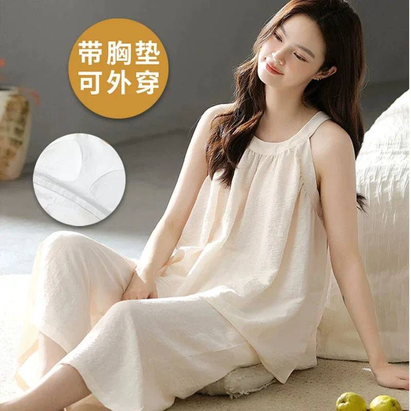 夏季纯棉无袖吊带背心+七分裤