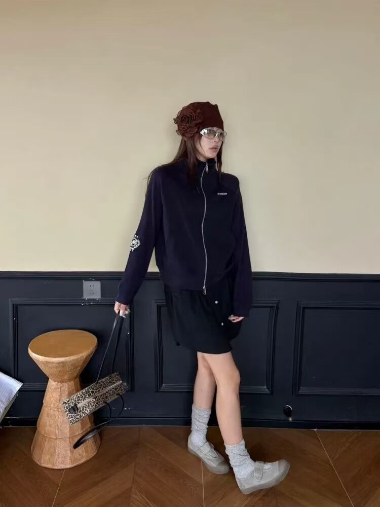 通勤开衫双拉链口袋秋季女新款袖口刺绣休闲穿搭明线夹克长袖外套
