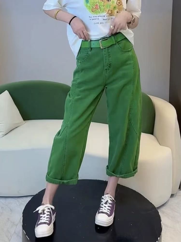 绿色九分弯刀牛仔裤女春夏季高腰休闲裤
