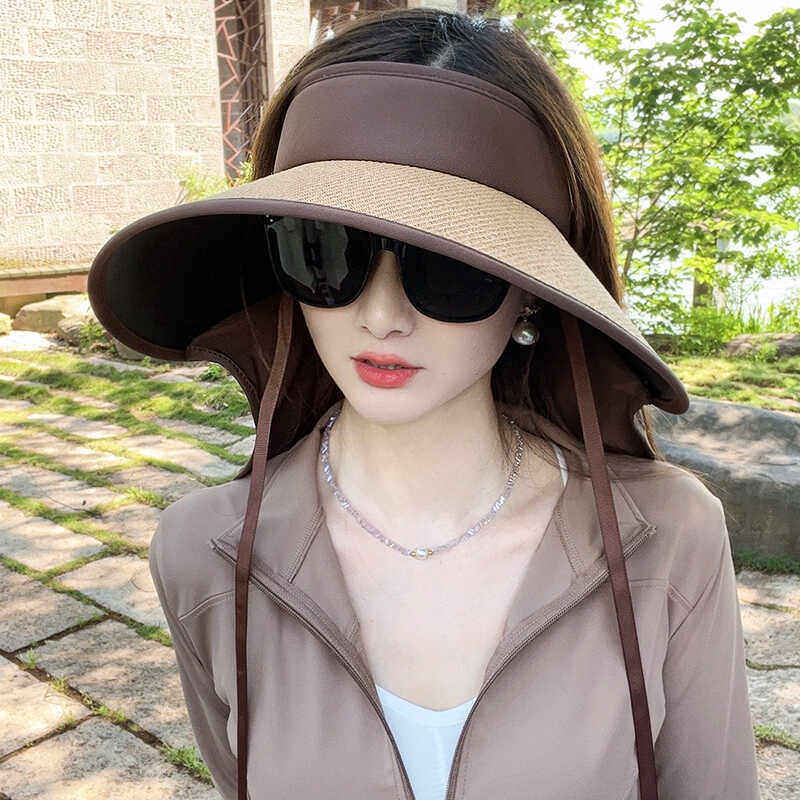 遮阳帽子女夏季空顶帽遮脸太阳帽防紫外线大帽檐护颈防晒帽可折叠