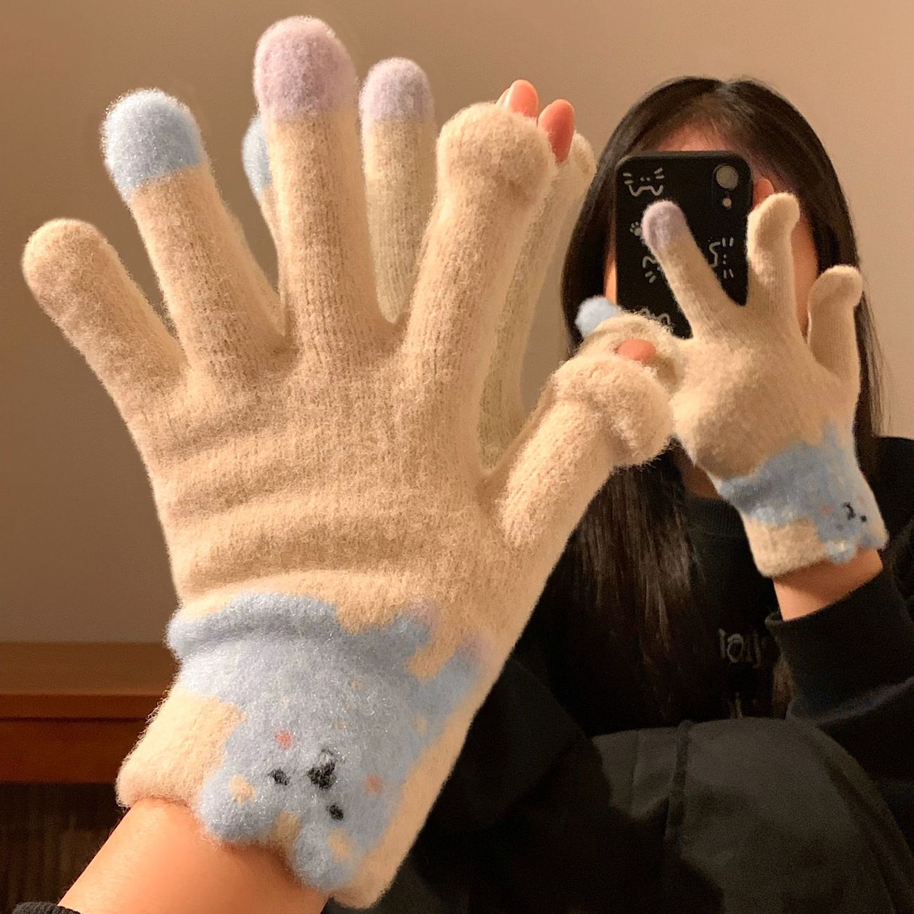 露指触屏毛绒针织手套加绒厚防寒