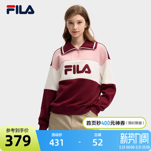 上衣 红色宽松拼接针织长袖 FILA 斐乐官方女子套头卫衣2025春新款