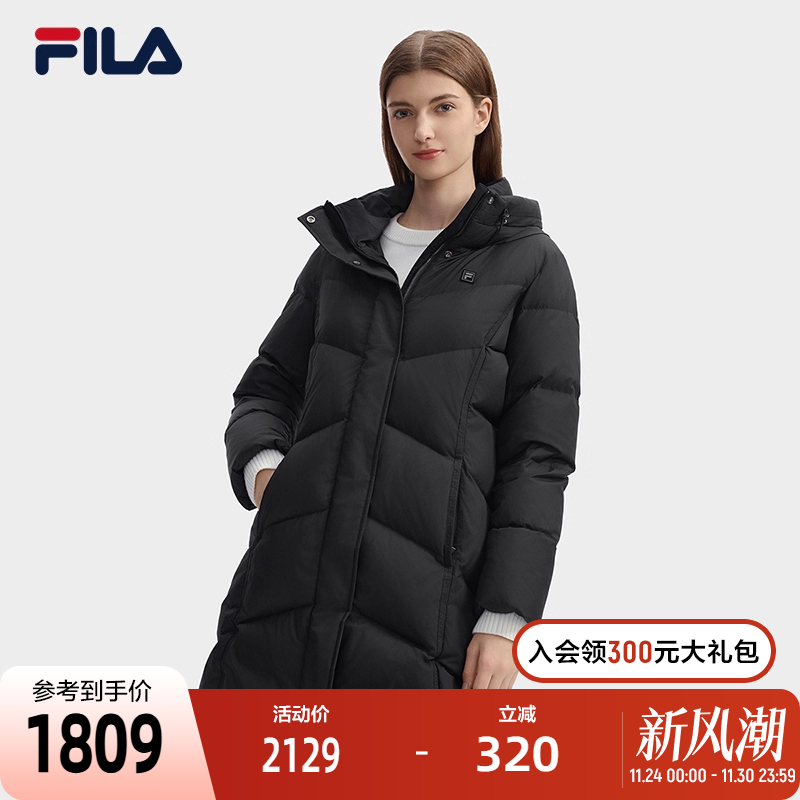 FILA高质VC羽绒│斐乐长款外套女2024冬新款休闲舒适保暖连帽上衣