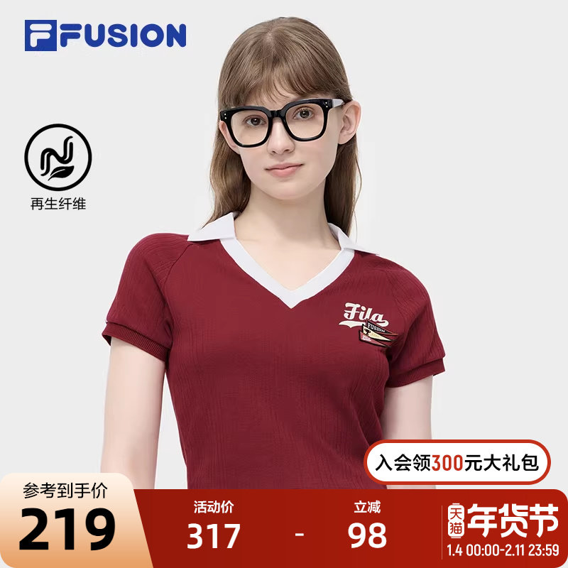 FILA FUSION斐乐潮牌女子短袖POLO衫2024秋季新款修身短款V领T恤