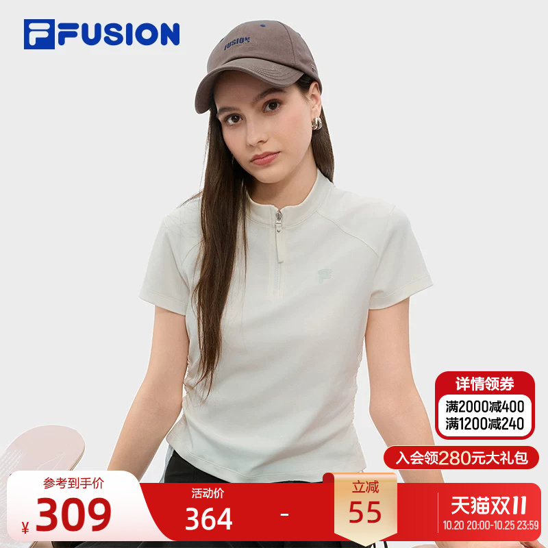 FILA FUSION斐乐潮牌女子针织短袖衫秋新款时尚半拉链修身T恤