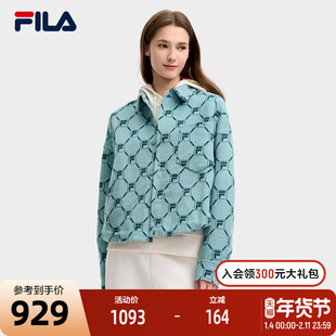FILA 斐乐官方女士呢子外套2025春新款时尚满印LOGO宽松翻领上衣