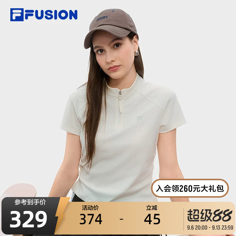 FILA FUSION斐乐潮牌女子针织短袖衫秋新款时尚半拉链修身T恤