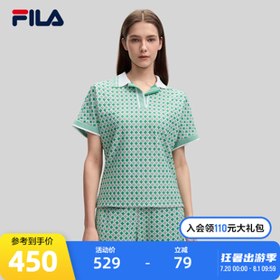时尚 FILA 2024秋新款 Emerald斐乐女子针织短袖 舒适满印上衣 POLO衫