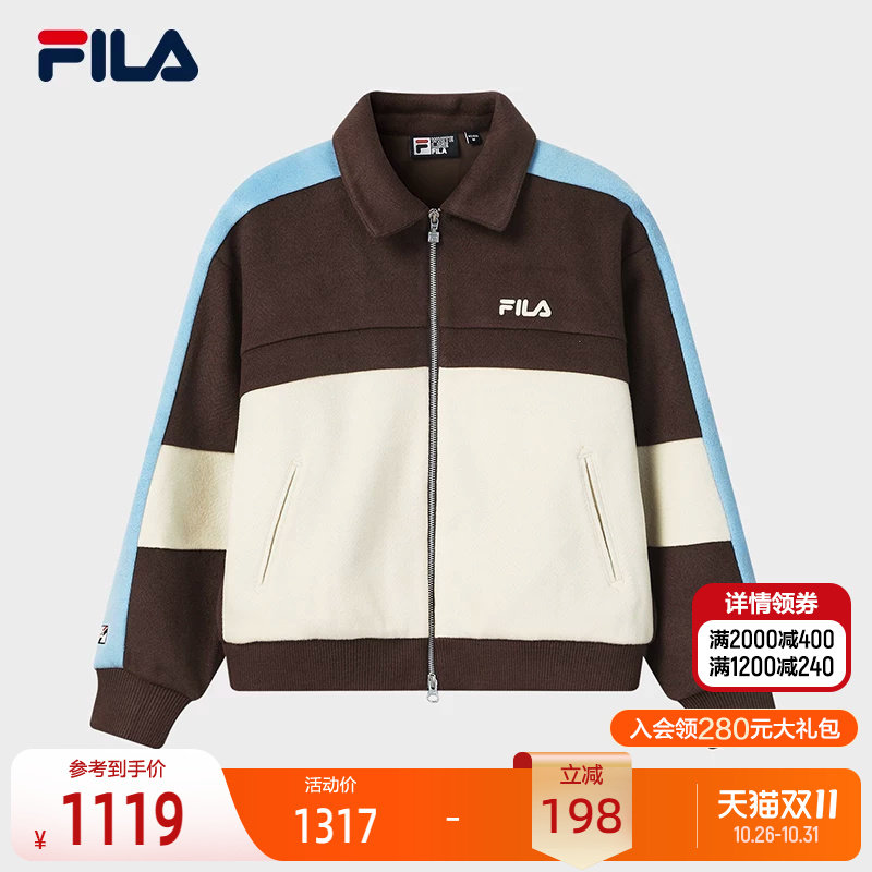 FILA 斐乐官方女士呢子外套2026春新款休闲宽松外套拼色翻领夹克
