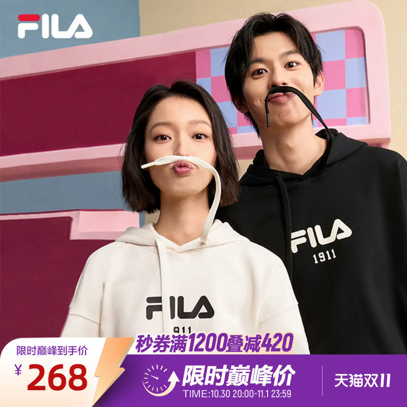 FILA斐乐情侣卫衣男女同款秋季新款连帽宽松纯棉针织运动休闲上衣