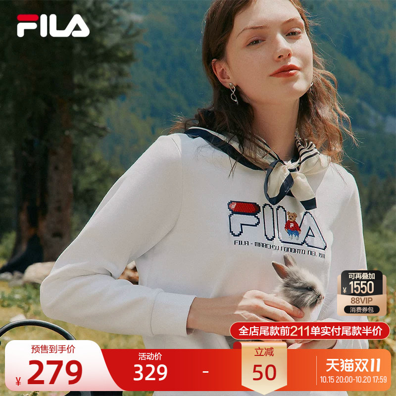 FILA斐乐官方女子卫衣秋季新款套头衫运动休闲圆领长袖加绒女上衣