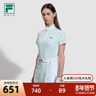 FILA 斐乐女子针织短袖衫2024夏季新款高尔夫运动透气满印拼接T恤
