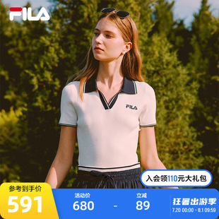休闲撞色V领短袖 新款 时尚 POLO衫 斐乐官方女子编织衫 FILA 2025秋季