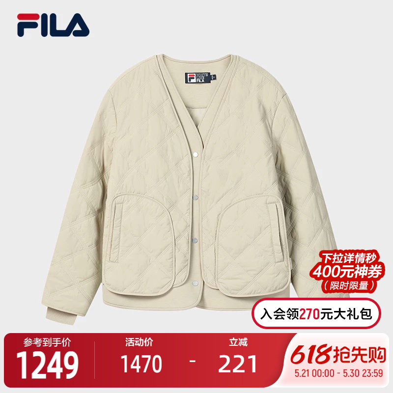 FILA 斐乐官方女士棉服2026春新款时尚休闲绗缝V领假两件保暖外套