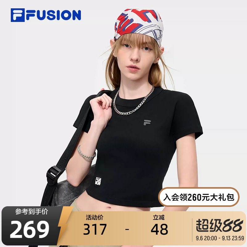 FILA FUSION斐乐潮牌女子针织短袖秋季新款紧身运动休闲女短袖T恤