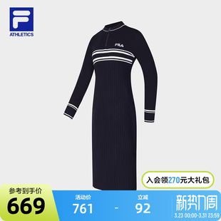 休闲修身 FILA 时尚 新款 裙子长裙 斐乐官方女子编织连衣裙2024冬季