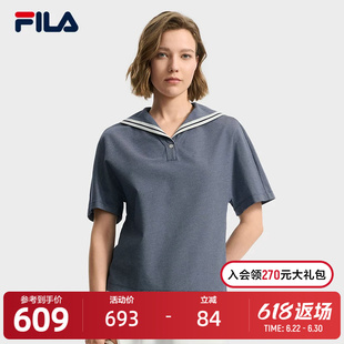 FILA Emerald斐乐女子针织短袖衫2025秋季新款休闲舒适海军领T恤