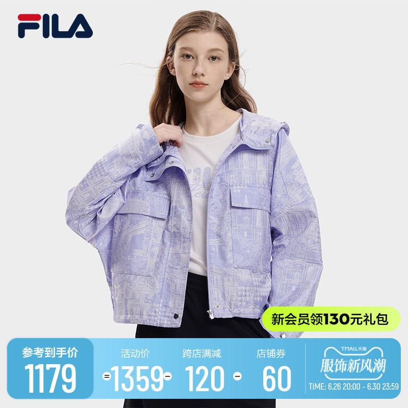 fila斐乐女梭织外套2023秋季休闲宽松连帽满印上衣