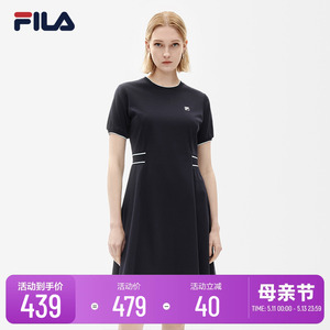 FILA 斐乐官方女子连衣裙秋款优雅休闲针织圆领短袖连身裙