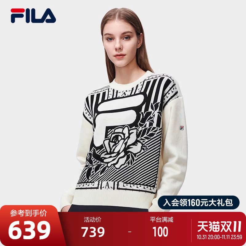 FILA 공식 여성 니트 스웨터 2023 봄 패션 루즈 심플 라운드 넥 캐주얼 탑