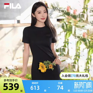 休闲开叉显瘦修身 时尚 T恤长裙 新款 FILA斐乐针织连衣裙女2025夏季